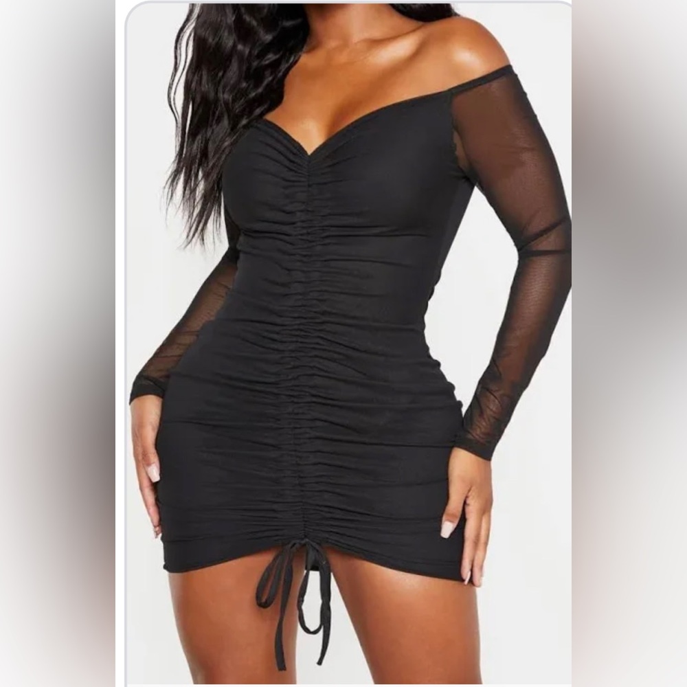 **NWT** Plus Black mesh Bardot ruched bodycon dress